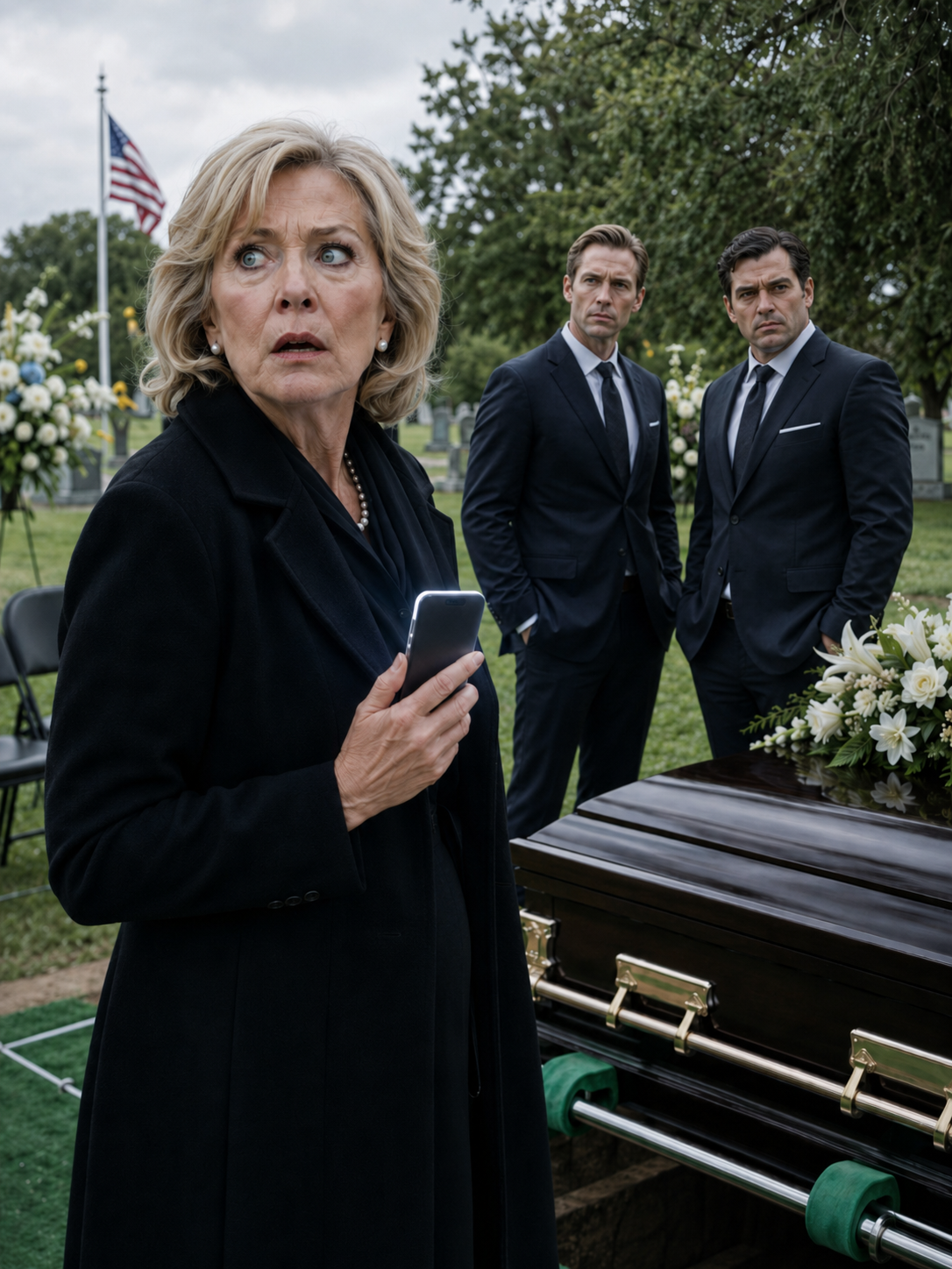 At my husband’s funeral, my phone buzzed beside his grave with a message that made my knees almost give out: ‘I’m alive. That’s not me in the coffin.’ Then the second text came through: ‘Don’t trust our sons.’ Across the cemetery, Charles and Henry stood beside their father’s casket with faces so calm, so still, that their silence suddenly felt more terrifying than grief.