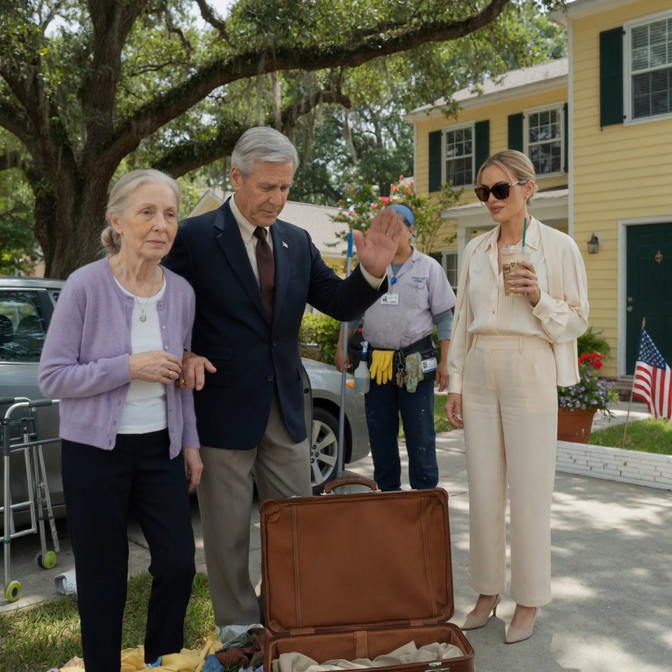 I pulled into my own driveway with my wife still shaking after therapy… and found her suitcase thrown across the yard.  Her clothes were in the grass. Her old sewing machine was sitting crooked under the oak tree. And on my front porch, my son’s wife was sipping a latte while telling the cleaners, “Take the rest of that trash.”