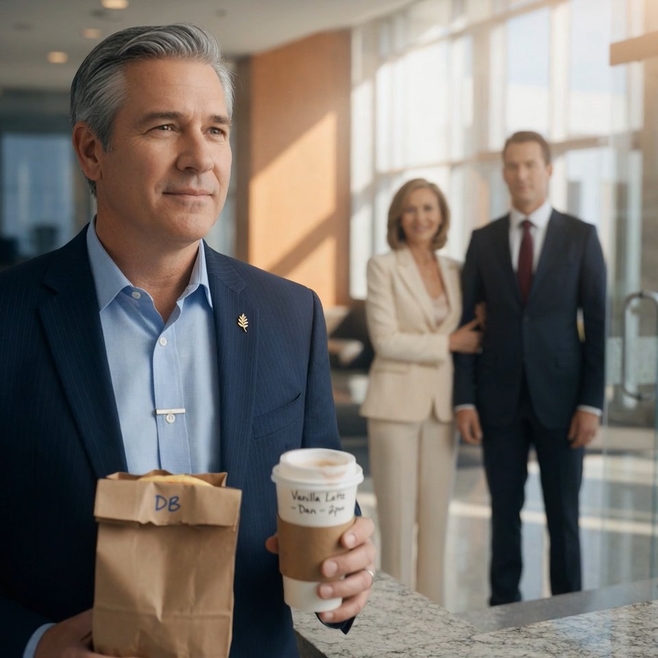 I brought lunch to surprise my CEO wife. The security guard looked at me, laughed softly, and said, “Sir… her husband just walked through that lobby.”