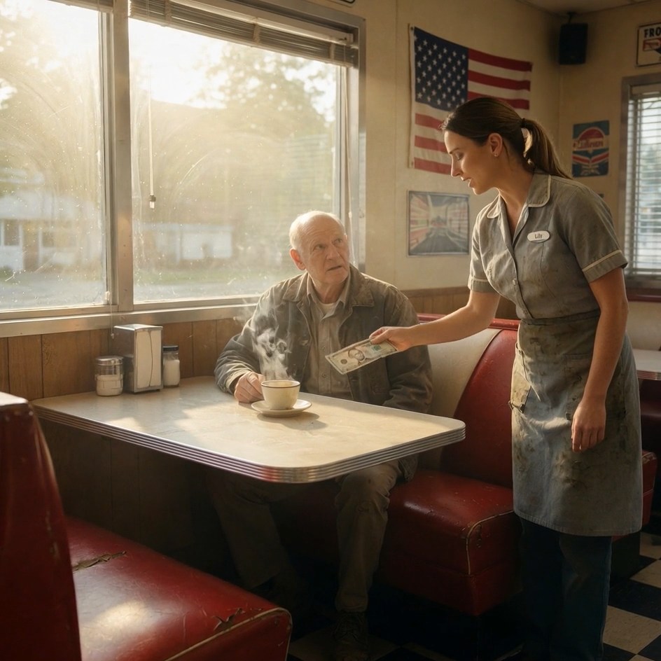 The billionaire left a $5 tip on purpose, sitting in a cracked roadside diner booth in a faded jacket and ordinary shoes, waiting for the young waitress’s smile to finally break when she saw how little he thought her kindness was worth — but instead of complaining, Lily gently pushed the bill back across the table and said, “Sir, I think you need this more than I do today,” and Henry Caldwell’s face went completely still.