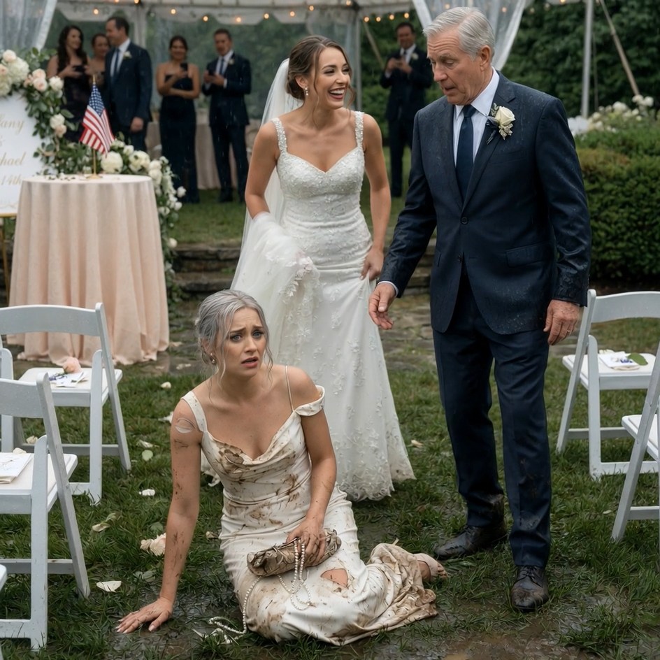 At my son’s wedding, my daughter-in-law pushed my wife into the mud in front of 200 guests, laughed as the white silk dress she had saved for months was ruined, and said, “Don’t act like that just to steal my spotlight” — but what made my hands go cold wasn’t her cruelty, it was watching my own son see his mother on the ground, adjust his cuff, and turn away like she was the embarrassing part of the day.