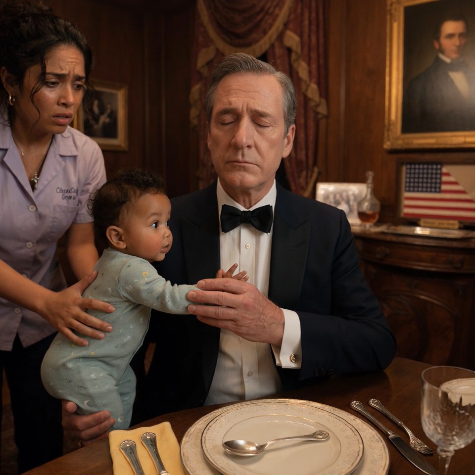 The deaf millionaire ate alone every night at a table set for twelve, and everyone in his mansion knew that silence was not supposed to be disturbed — until the cleaning lady’s baby escaped the staff hallway, crawled beneath the chandelier, and pressed one tiny hand against his chest so calmly that Rosa stopped breathing.