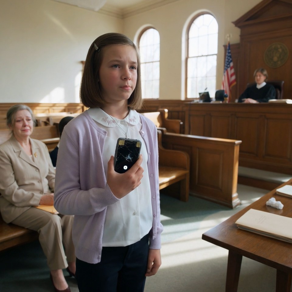 My 12-year-old granddaughter walked into my divorce hearing with a cracked old phone she was supposed to forget about, while my ex-husband sat across the aisle smiling like he had already taken my house, my savings, and my name—until Lily pressed play, and the first voice that came out of that phone made his lawyer grab his sleeve.