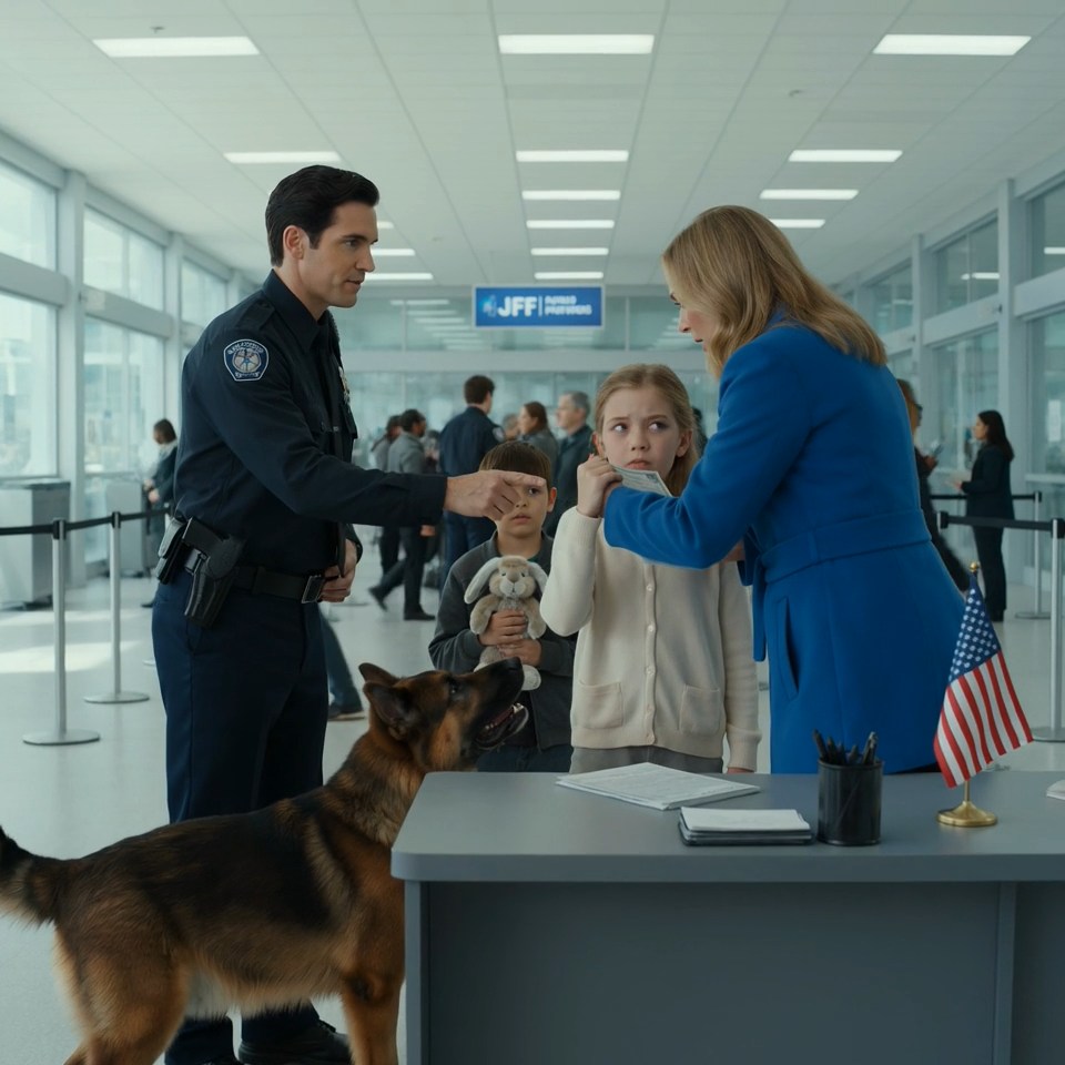 At JFK, a little girl being pulled toward security by a woman in a blue coat pressed one trembling hand flat against that woman’s back—not waving, not playing, but begging without making a sound—and when the police dog stopped dead in the middle of the terminal, the woman’s perfect airport smile vanished before the officer even spoke.