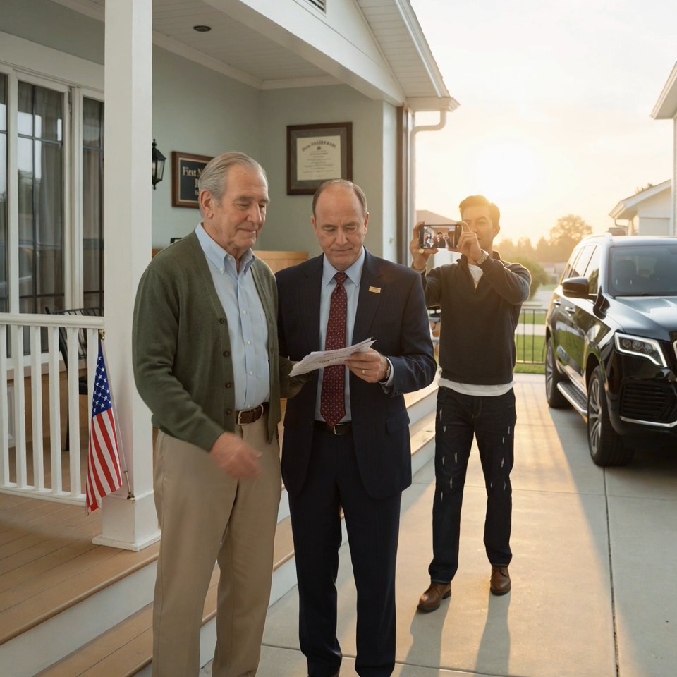 At sunrise, a bank manager knocked on my door with foreclosure papers while my stepson filmed from the driveway, laughing, “Pack your bags, old man—the bank owns this house now.” He expected a 71-year-old widower to break down on camera. Instead, I read one line on page two, asked the manager a question his file could not survive, and watched my stepson stop recording.