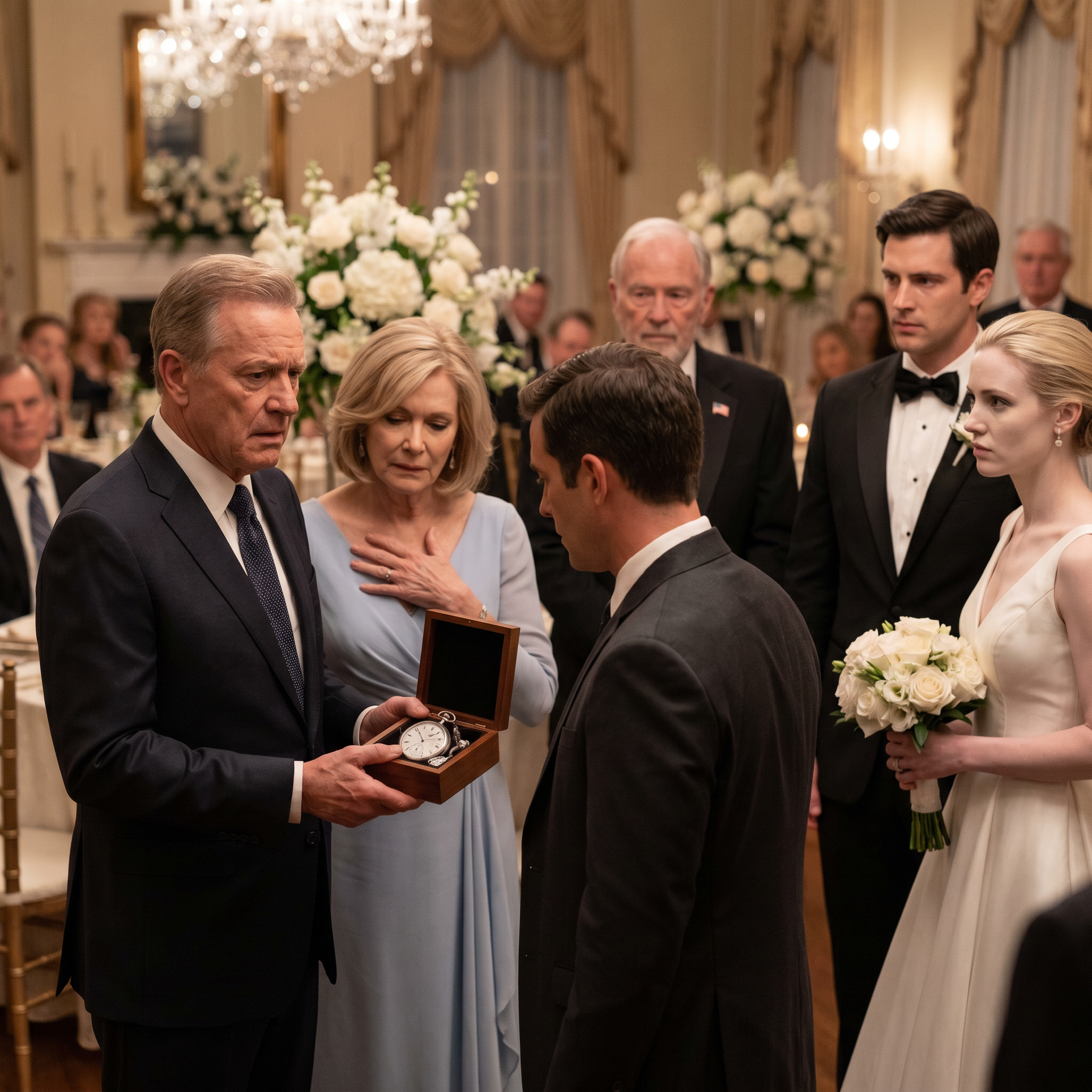 At my son’s wedding, my daughter-in-law smiled and handed my wife a gift box—inside was the cracked pocket watch our grandson wore the day he disappeared, and when my wife went pale, I realized someone in that room had waited two years to watch us break.