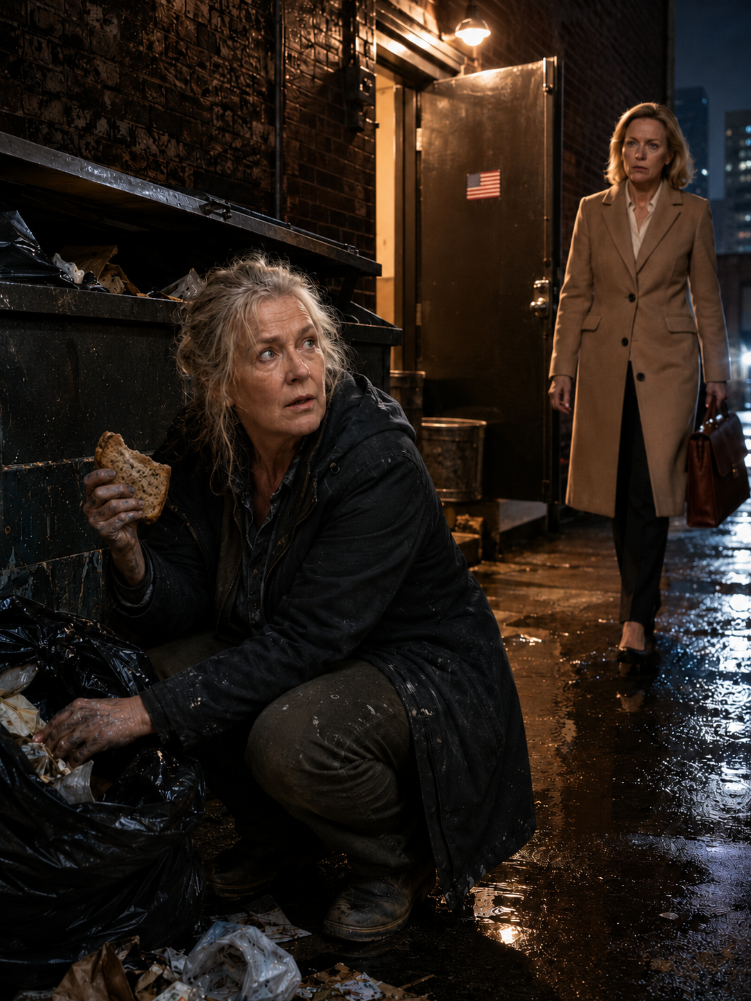 At my husband’s funeral, his daughter leaned close enough for only me to hear and whispered, ‘Say goodbye to the good life, second wife. I’ll make sure you get nothing.’ Six months later, I was behind a Denver restaurant digging through trash for old paintbrushes… when a woman in a clean wool coat stepped into the alley, looked me straight in the eye, and asked, ‘Are you Sarah Cooper?’