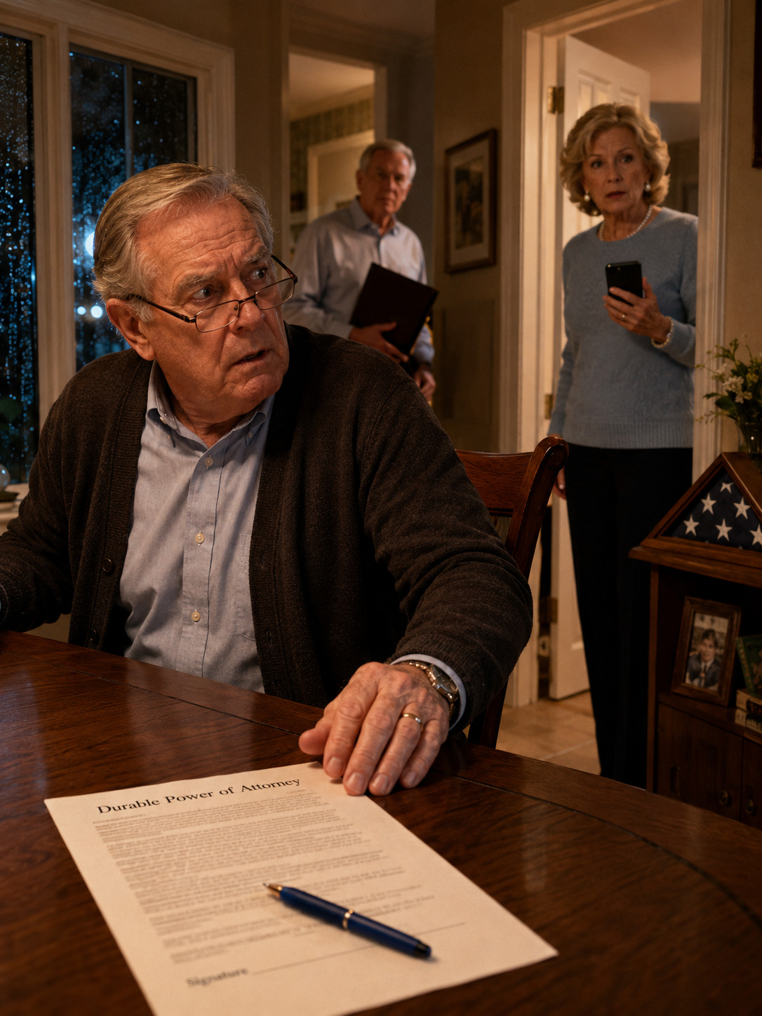 🖊️ The pen was already in my hand, the Durable Power of Attorney waiting under my fingers, when I heard my wife whisper through the half-open den door: ‘Tomorrow, we transfer the savings account into Brian’s name.’ My hand froze. In one sentence, I understood she wasn’t protecting me from old age—she was waiting for my signature to unlock something I could never take back. 📄🔒