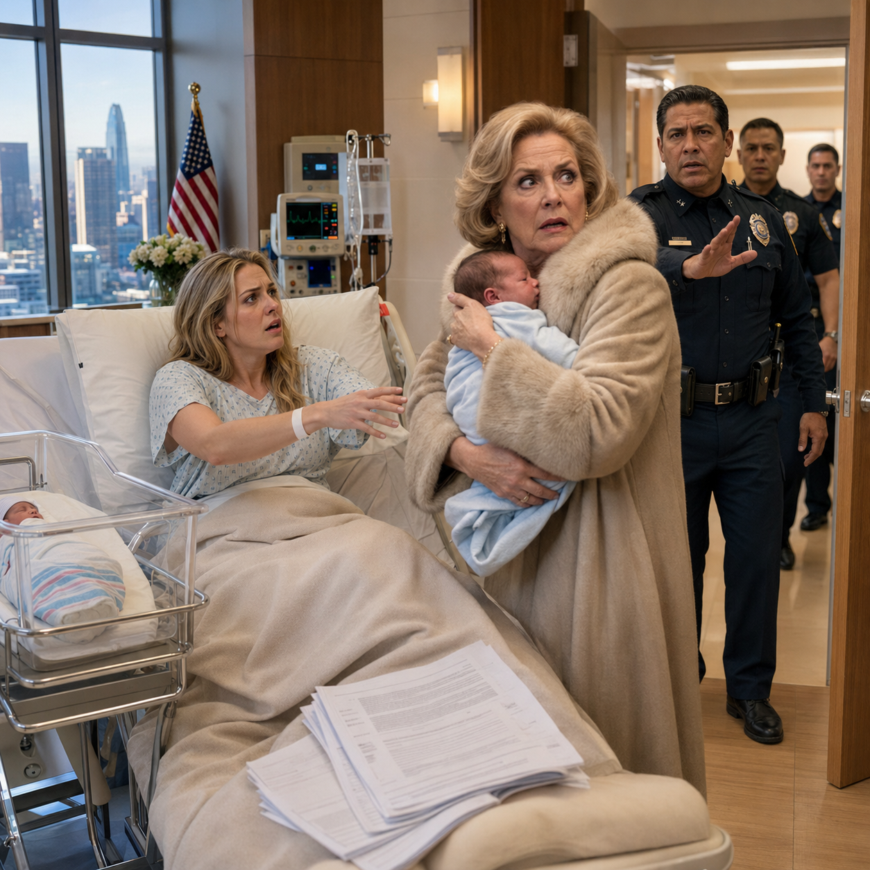 Fresh out of an emergency C-section, I was still in my recovery bed when my mother-in-law tossed adoption papers onto the blanket and said she was taking my newborn son for her daughter—then security came, and one name changed everything.