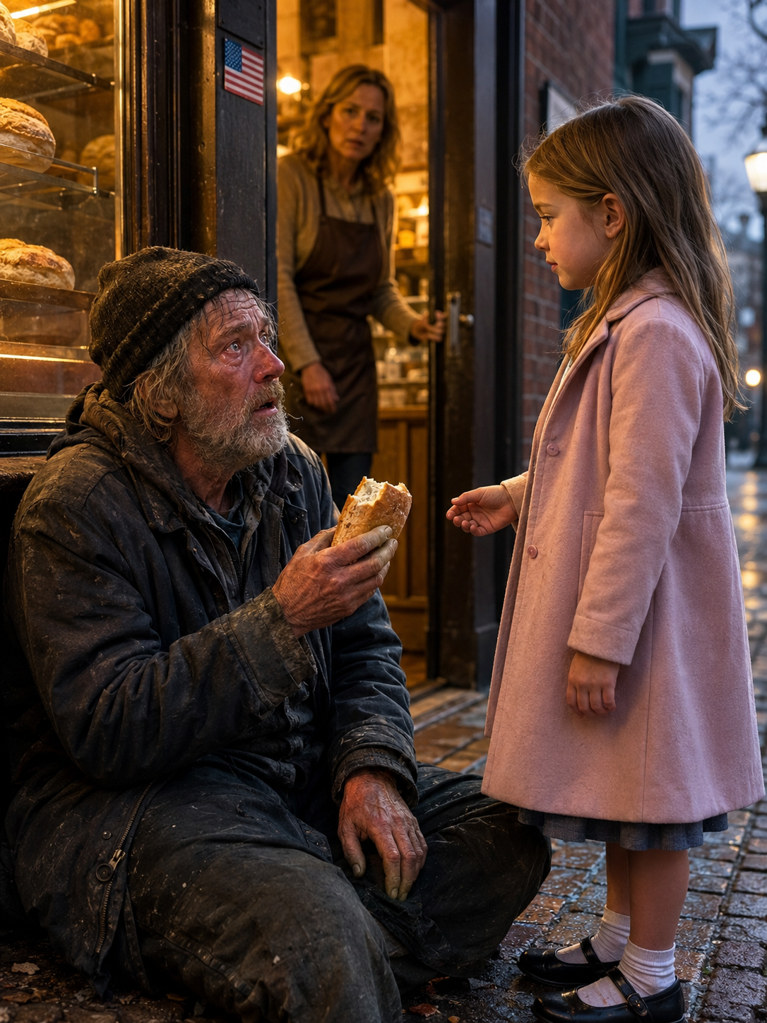 At first, everyone on that downtown sidewalk saw the same thing: a homeless man sitting near the bakery door and a little girl offering him a piece of warm bread. Then she said her name was Emma, and his hand froze around it like she had just handed him back a life he had spent years trying to bury. But when she whispered what her mother told her to say if she ever found him crying, the man’s face went pale.