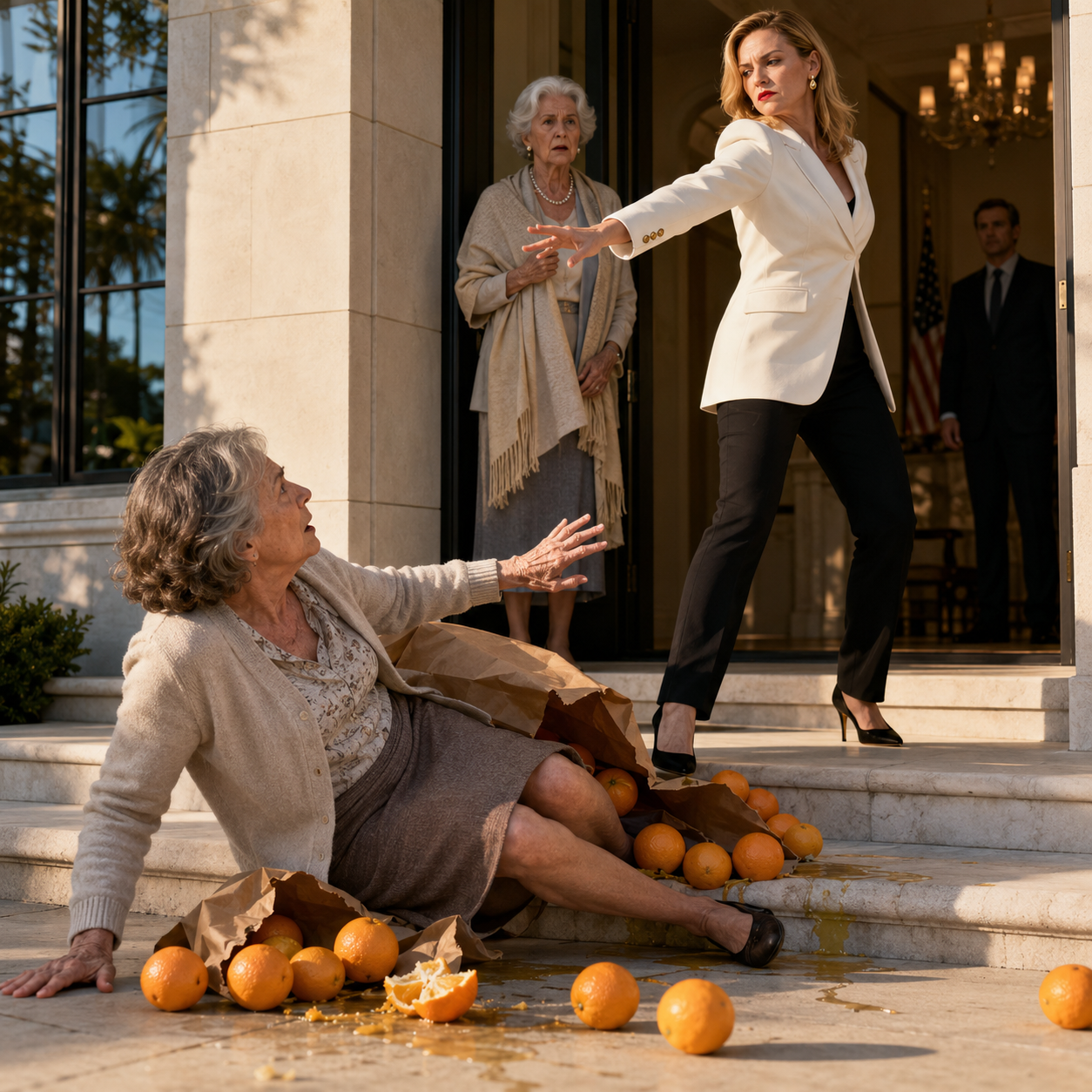 I stood outside my millionaire daughter’s mansion holding the oranges I used to peel for her when we had nothing — but the second she opened the door, she went pale, shoved me back like a stranger, and I saw why: inside, another woman was already wearing my life and being called her mother.