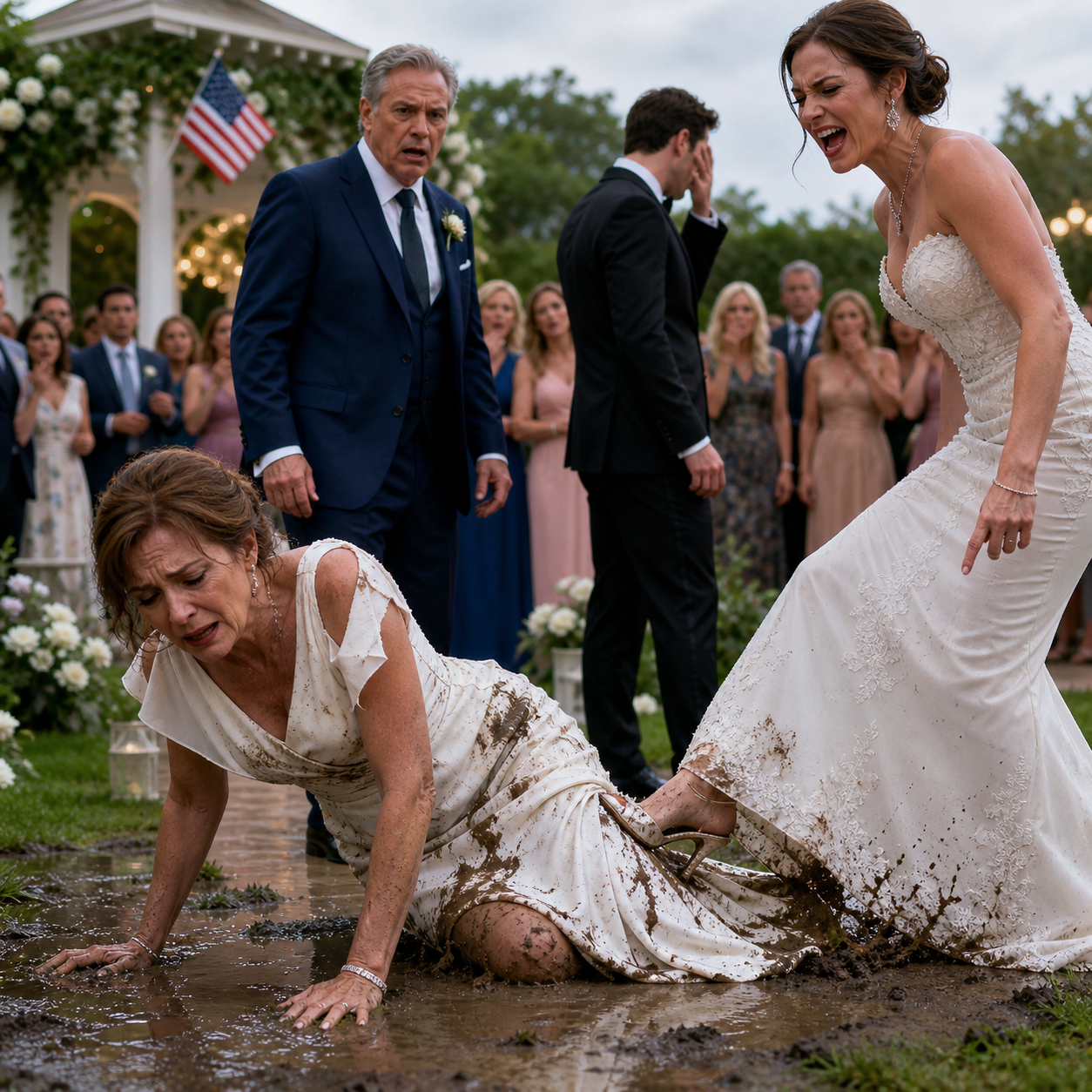 At my son’s wedding, my daughter-in-law pushed my wife into the mud, laughed, and called it ‘stealing the spotlight.’ My son turned away—so I stayed silent, because Tiffany’s mistake in that garden was about to follow her into a room she couldn’t control.