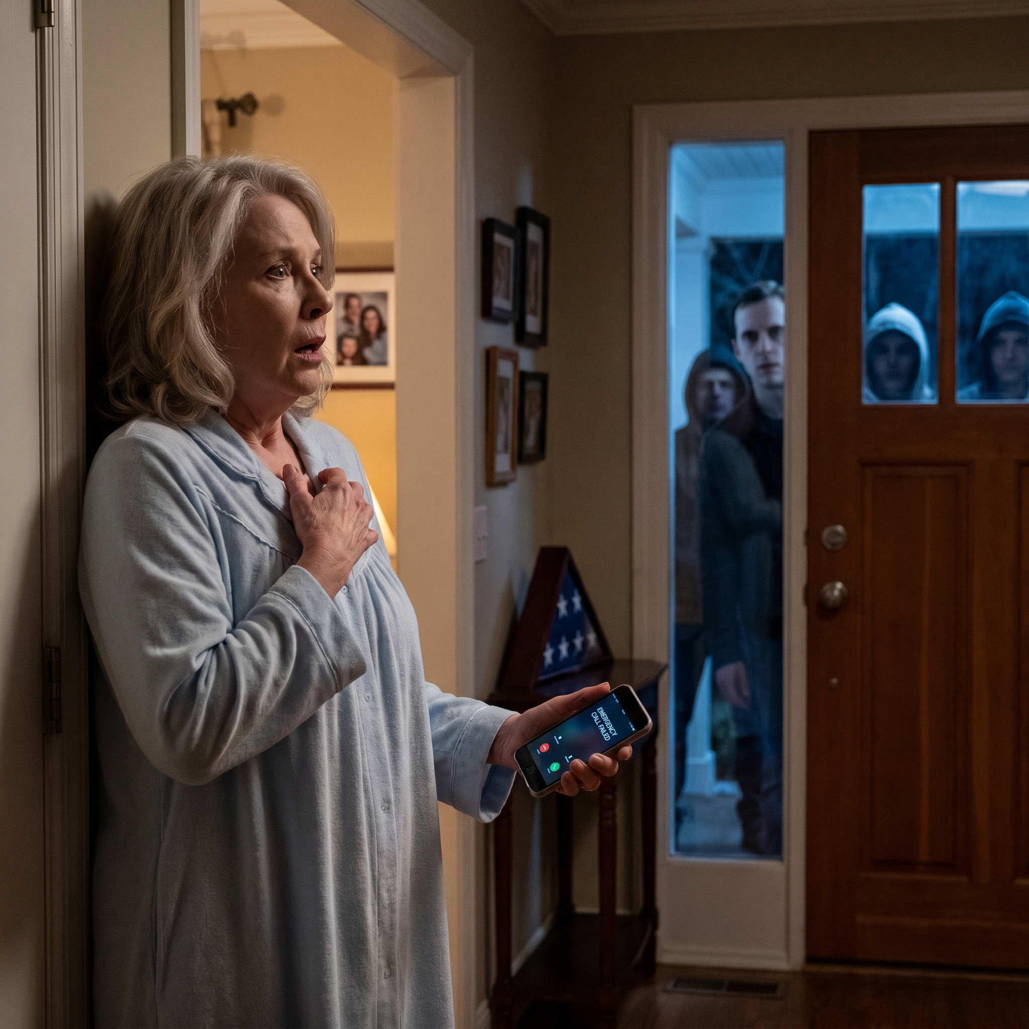 At 1:00 a.m., my neighbor called screaming, ‘Don’t open the door—no matter what you hear,’ then the line went dead. Seconds later, someone began smashing my front door hard enough to shake the walls… and when I finally looked through the peephole, my son’s face was pressed against the glass—but the eyes staring back at me were not my son’s.