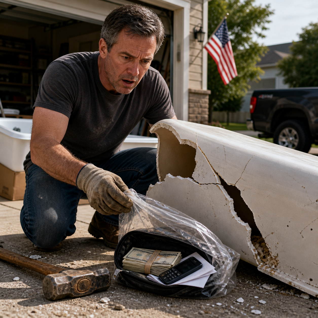 While my wife was in Dallas, I tried to surprise her by replacing the bathtub she hated—until the old tub slipped, cracked open on my driveway, and a plastic-wrapped pouch slid out with cash, a burner phone, and one typed page titled ‘Timeline.’ The last message on that phone said, ‘He still trusts me,’ and that was when I realized my wife hadn’t gone on a business trip… she had left me standing inside a plan.