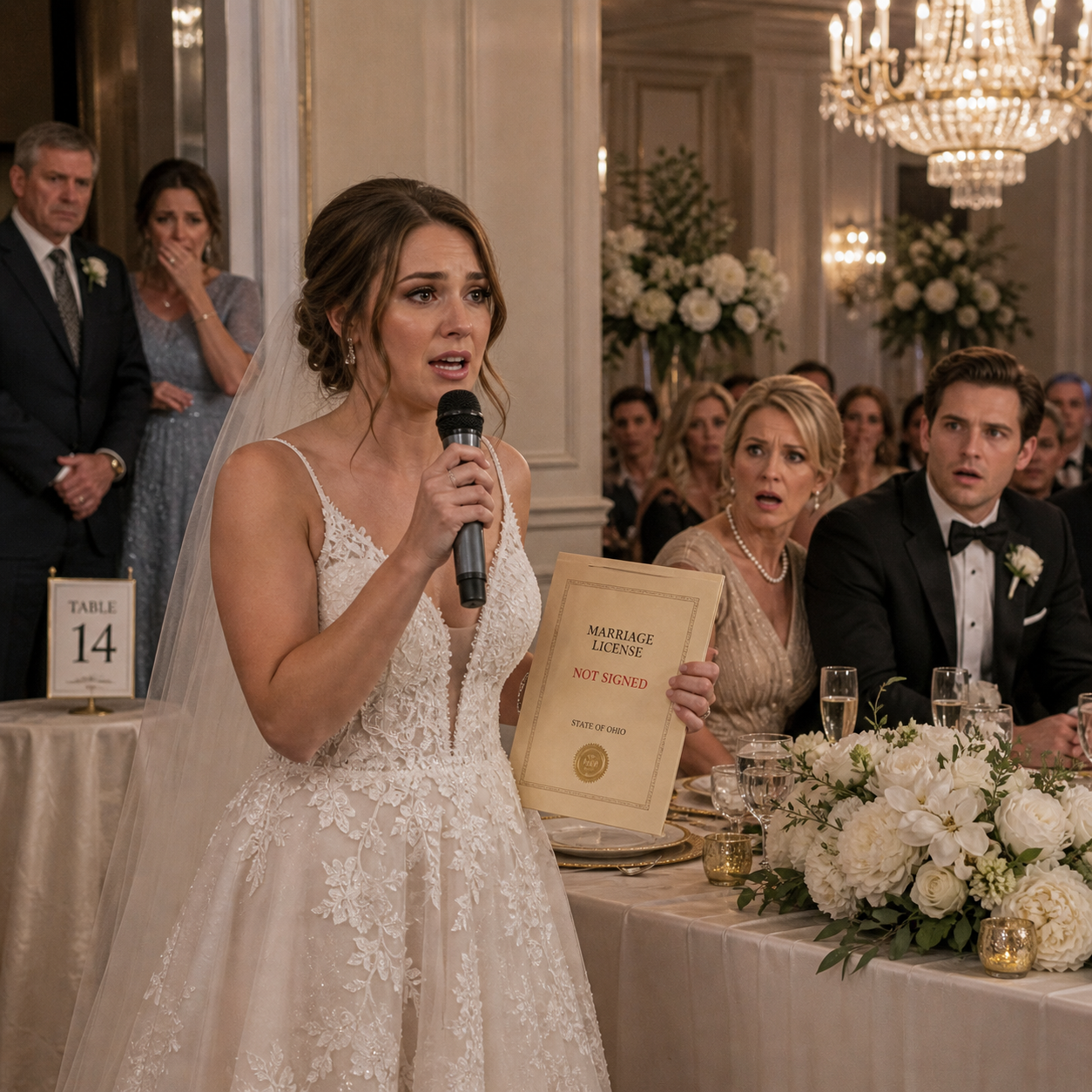 On my wedding day, my husband’s family took all nine seats at the main table and pushed my parents beside the kitchen doors like hired help—then his mother smirked, ‘They look so poor,’ and my groom nodded… so I walked onto the stage, took the microphone, and said five words that made his champagne glass stop halfway to his mouth.