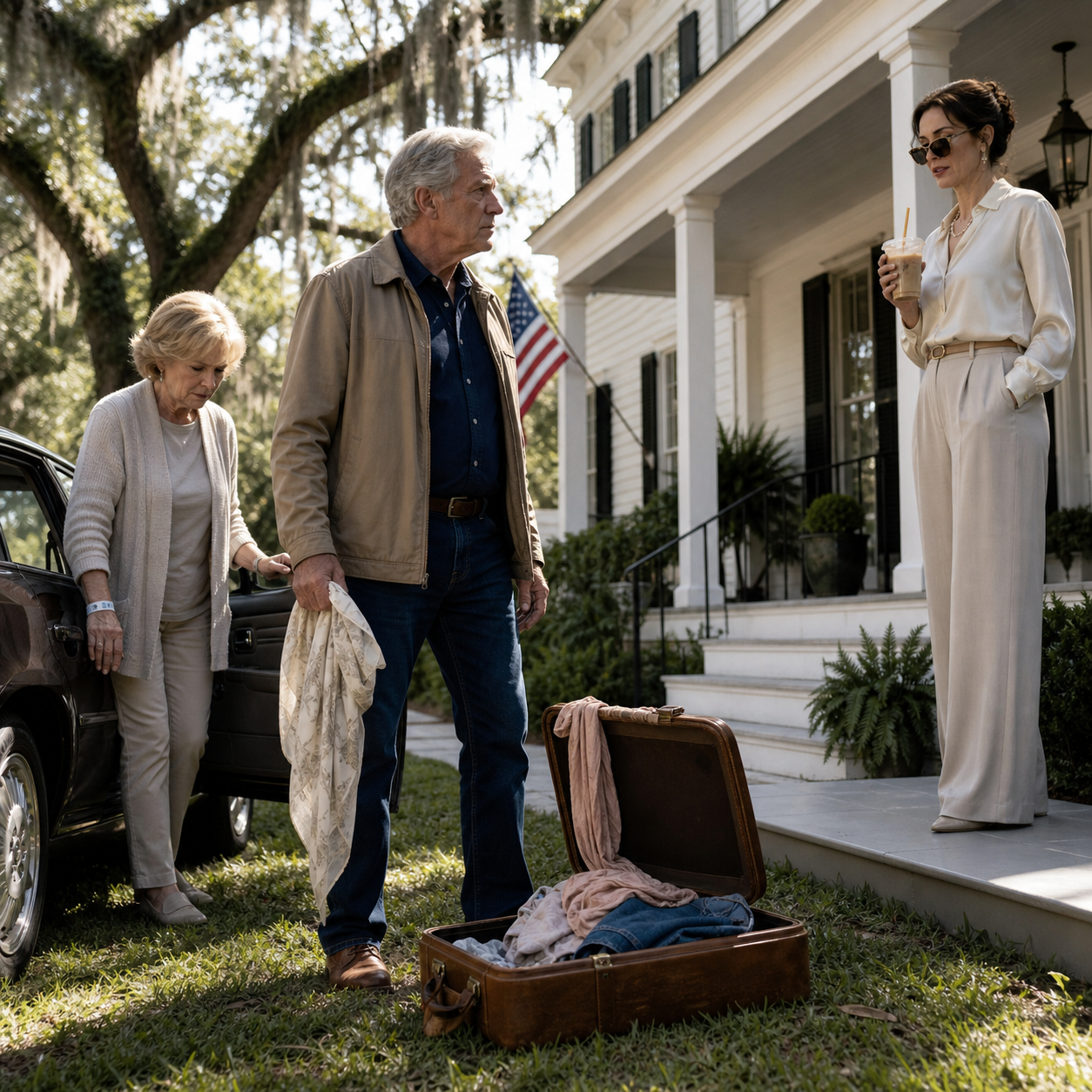 My son’s wife dumped my sick wife’s suitcase across our front yard, called her belongings ‘trash,’ then smiled like the house was already hers. I didn’t say a word—because by the next morning, that smile would be the first thing she lost.