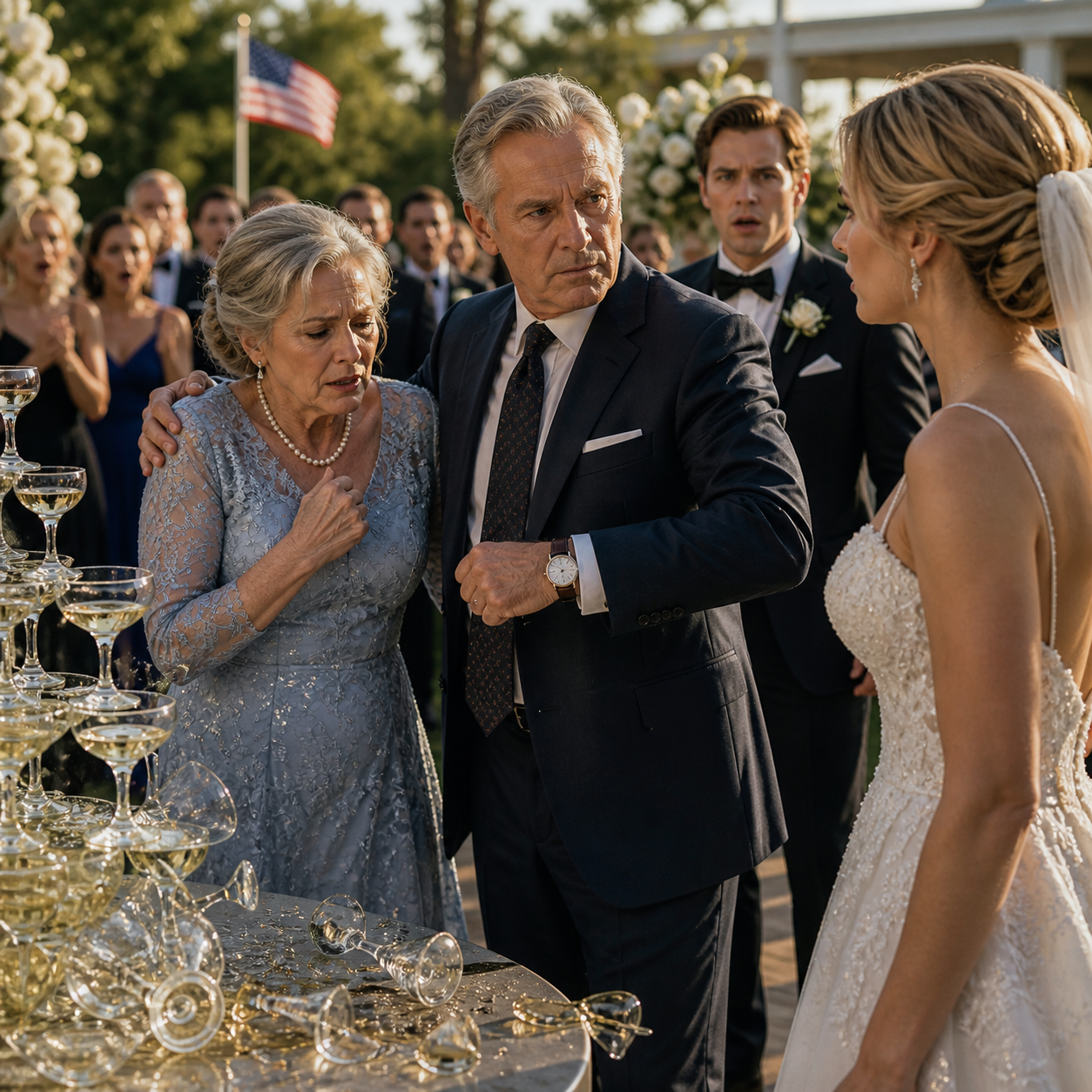 At my son’s wedding, my wife hit the floor beside the shattered champagne tower, and my daughter-in-law smiled like she had just erased the only woman standing between her and a perfect new life; I didn’t shout, didn’t ruin the scene—I checked my old watch, laughed once, and at exactly 6:15, her perfect wedding stopped belonging to her.
