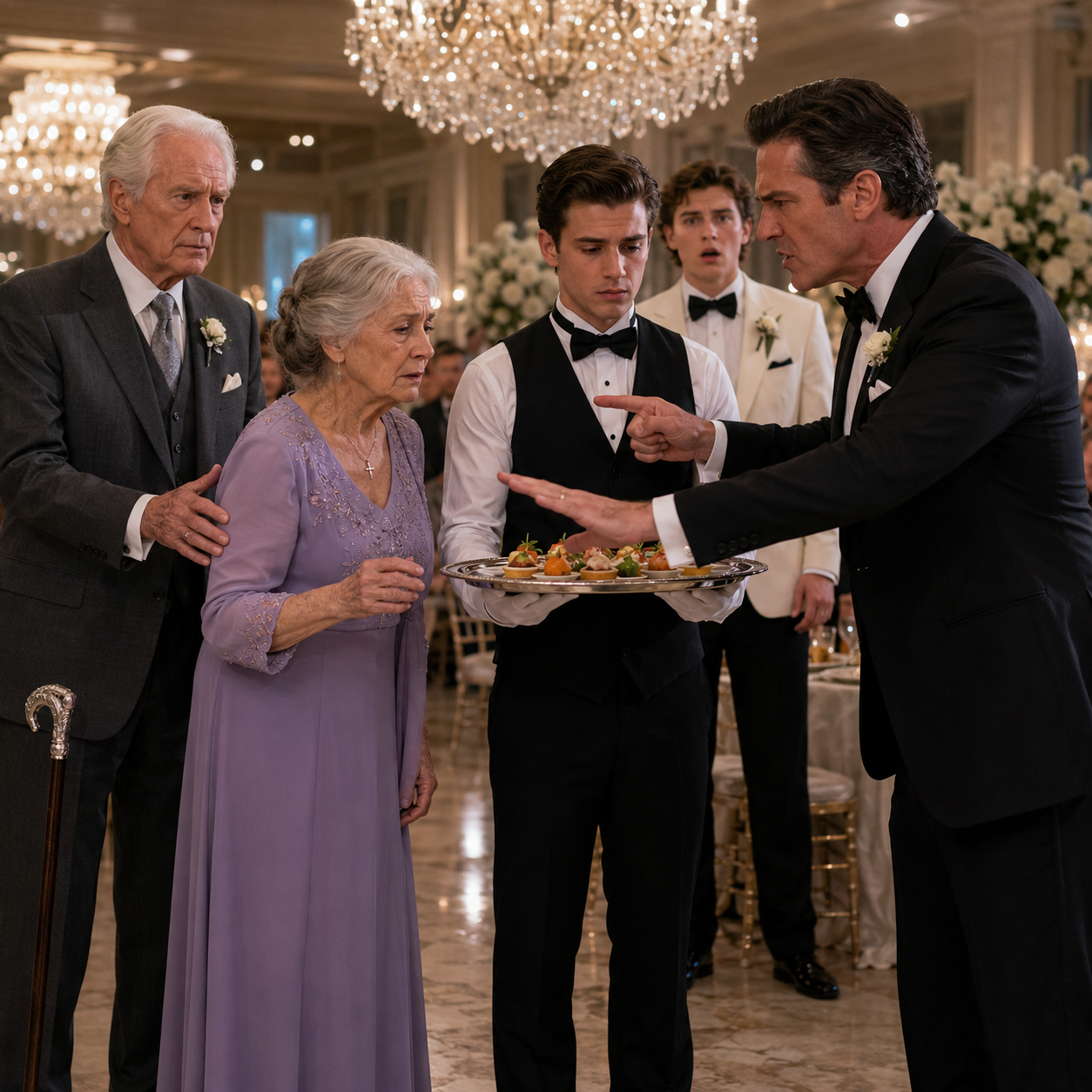 At my grandson’s wedding, my own son stopped the waiter and said in front of two hundred guests, ‘Don’t serve her. She’s not family—she came for a free meal.’ I was turning to leave when a white-haired gentleman took my hand, looked straight at my son, and said, ‘Serve her first. In a moment, everyone here will know why this family should have been begging her to stay.’
