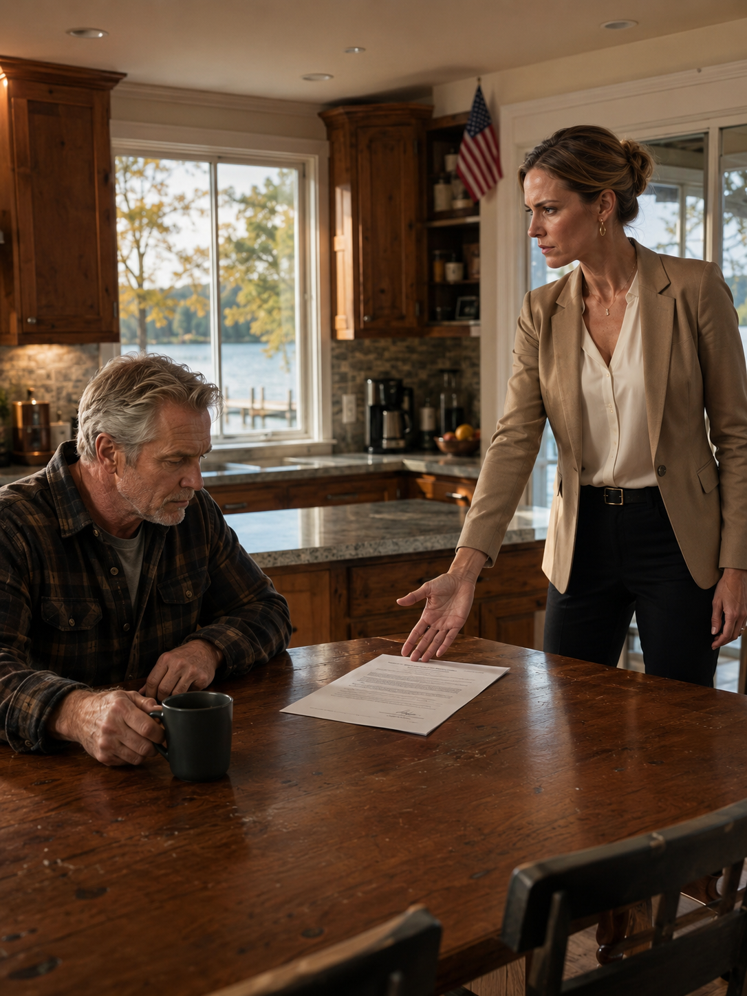 My son’s wife stood in my own kitchen, slid a paper across the counter, and told me I had 48 hours to leave the cottage I built with my own hands. She looked at my old flannel shirt, my dented pickup, and my cheap coffee cup… then decided I was too broke to fight back. I only nodded, called my lawyer, and by that evening, her key no longer worked.