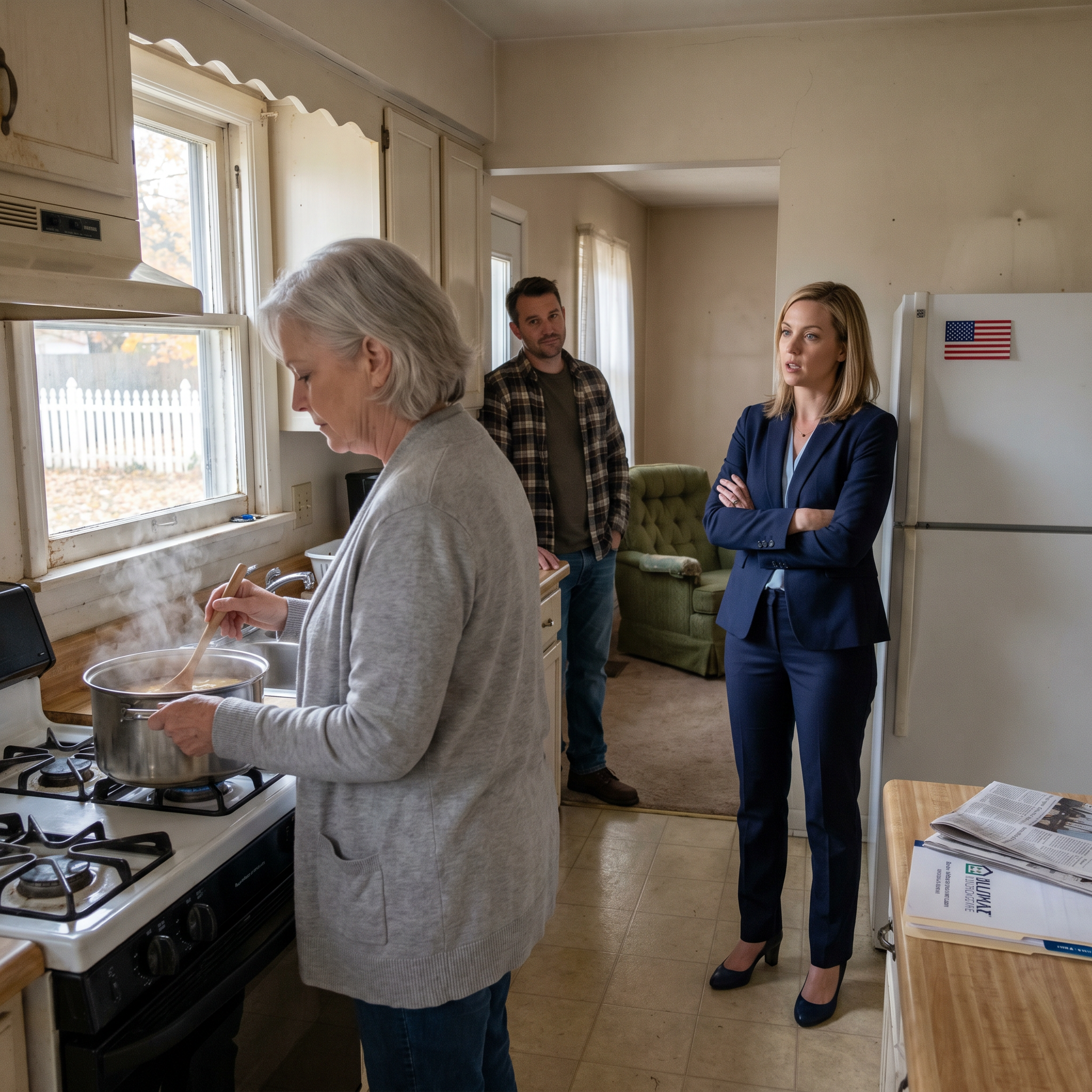 My daughter stood in my kitchen, under the roof I paid for with 31 years of teaching, and called me ‘a burden’ while her husband had already shoved my late husband’s chair behind a door. I kept stirring Frank’s soup like nothing happened—because by the time she came home from work, the house she kept calling “ours” would be half-empty, legally sold, and waiting for her with one handwritten page she could not argue with.