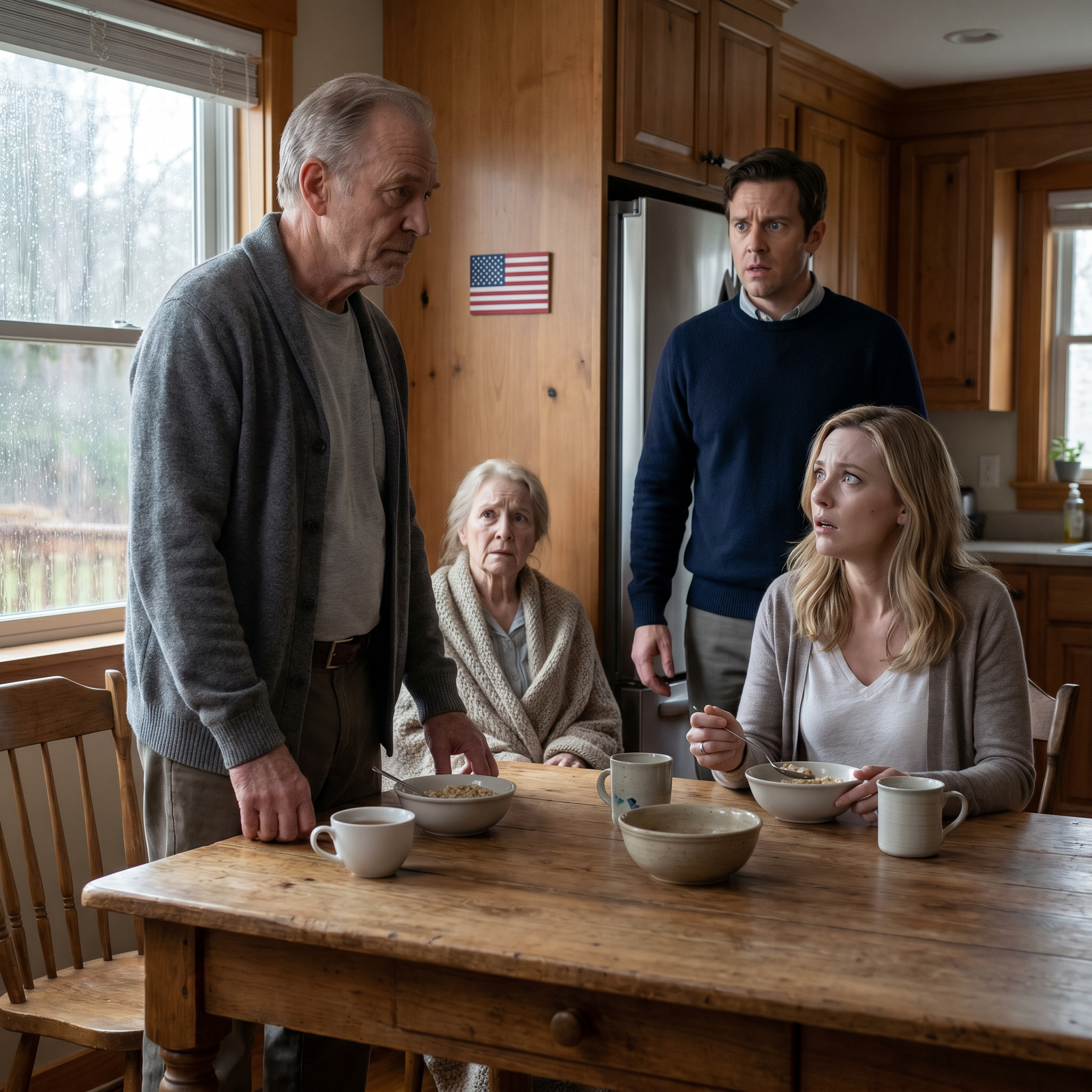 My son leaned over his sick mother’s oatmeal with a saint’s smile and a liar’s hand; I didn’t scream, didn’t blink, just waited until his wife sat down, switched the bowl in silence—and when her fingers began to tremble, the ‘devoted son’ finally realized the old man in the corner had seen everything.